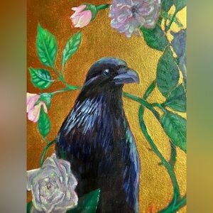 Original painting Raven Art Crow Bird Roses Gold Wall Decor handmade Artwork USA